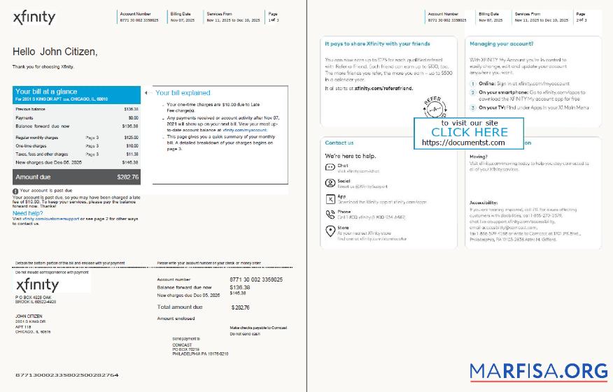Blank USA Xfinity utility bill template in Word and PDF formats, 3 pages, version 2, 1 2 pages